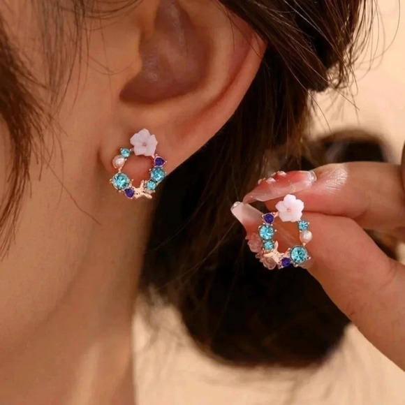 Circle floral design gold plated jewelry earrings cute gemstone beaded accessori - Picture 2 of 3